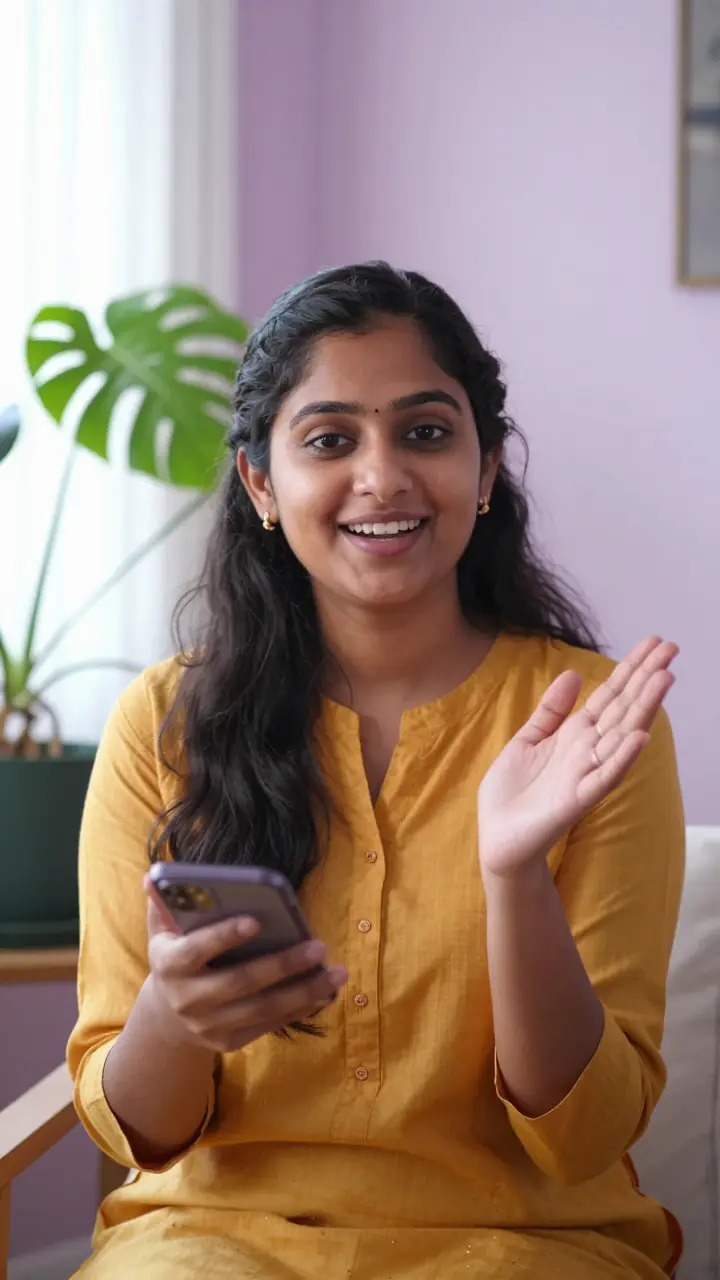 ਇੱਕ ਕਾਲਪਨਿਕ creator vertical video ਵਿੱਚ camera ਨਾਲ ਗੱਲ ਕਰ ਰਹੀ ਹੈ